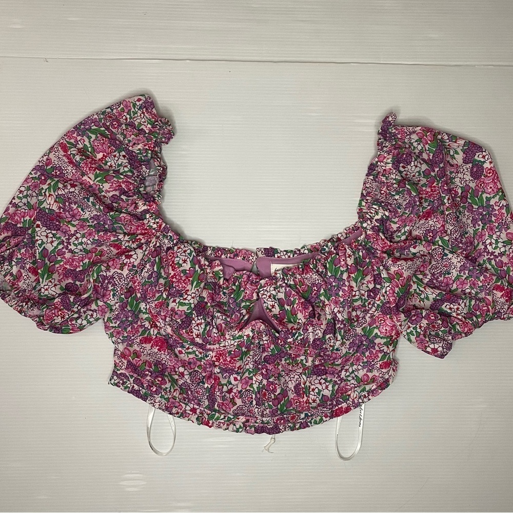 For Love & Lemons Katarina Blouse Size Small Cropped Puff Sleeve Floral Pink